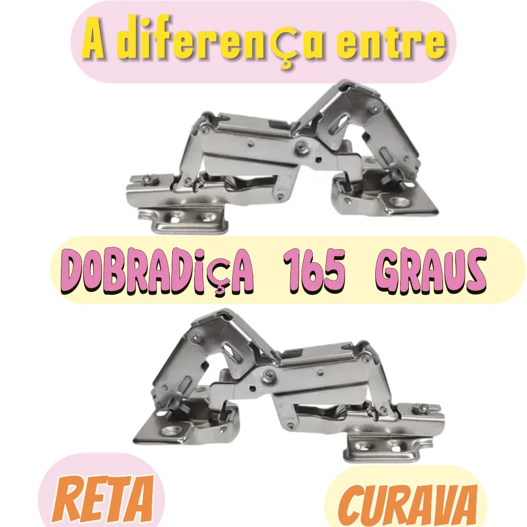 A diferença entre uma dobradiça reta e uma curva de 165 graus está principalmente no tipo de aplicação e na forma como elas se conectam ao painel da porta do móvel.